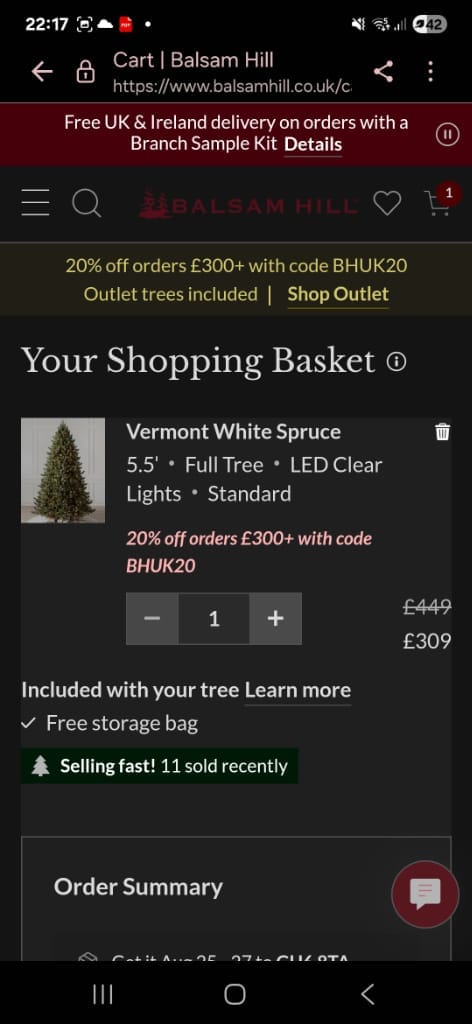 Screenshot of the Balsam Hill discount code working