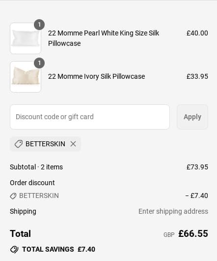 Screenshot of the Silk Pillowcase discount code working