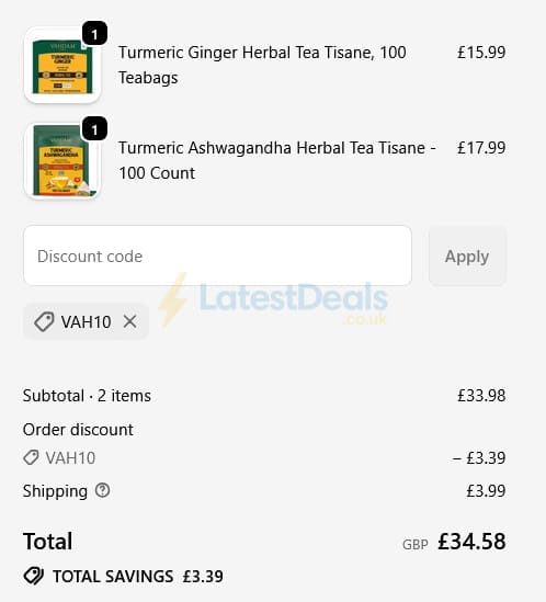 Screenshot of the Vahdam Teas discount code working