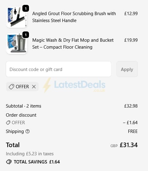 Screenshot of the The Dustpan and Brush Store discount code working