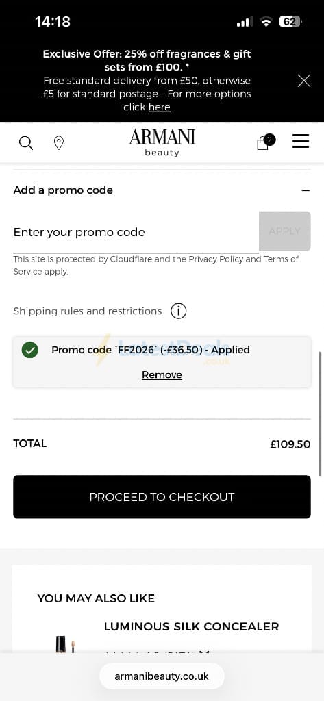 Screenshot of the Armani Beauty discount code working