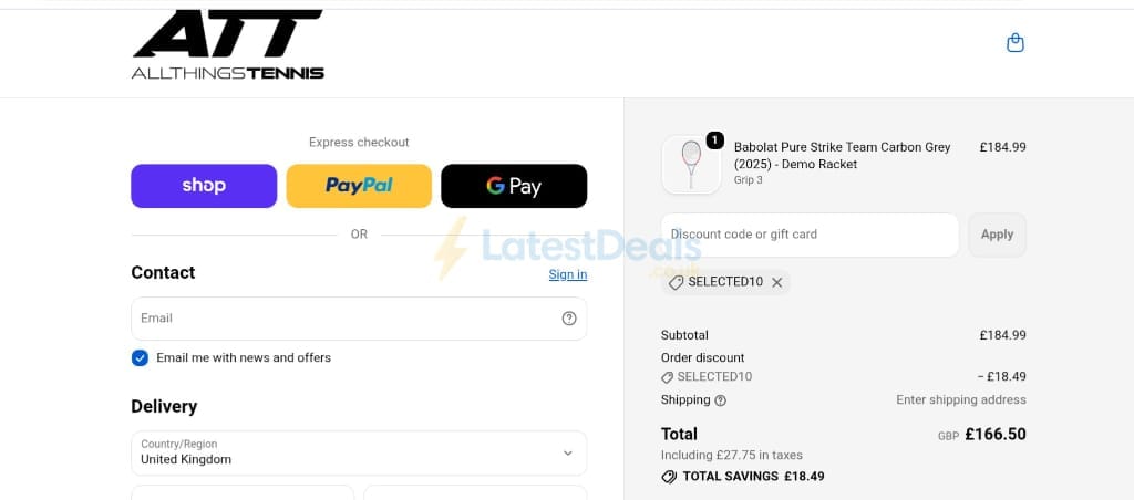 Screenshot of the All Things Tennis discount code working