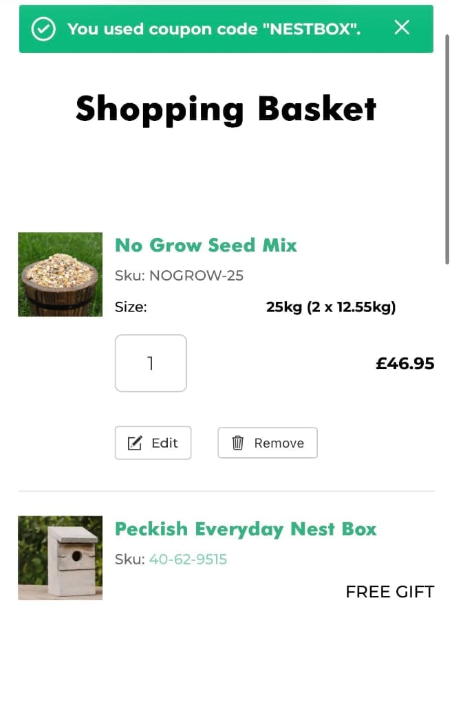 Screenshot of the Ivel Valley Bird Food discount code working