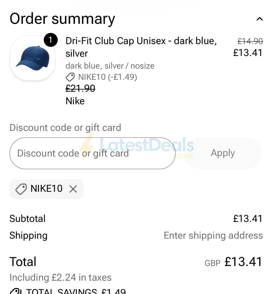 Screenshot of the Tennis Point discount code working