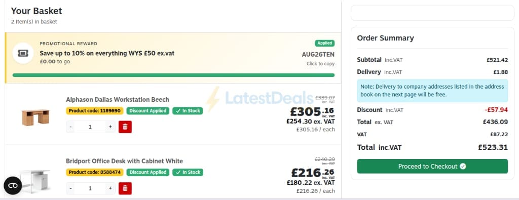Screenshot of the Staples discount code working