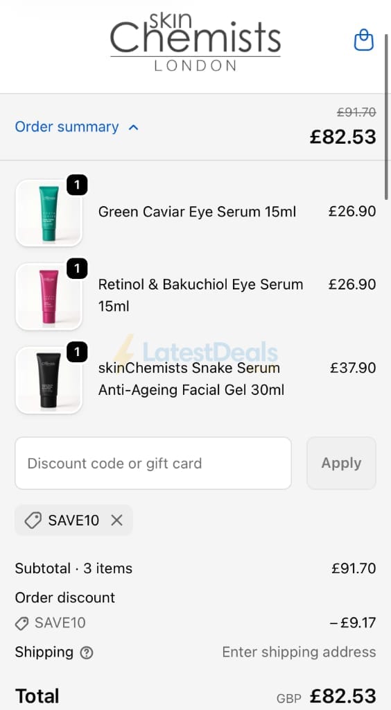 Screenshot of the skinChemists discount code working