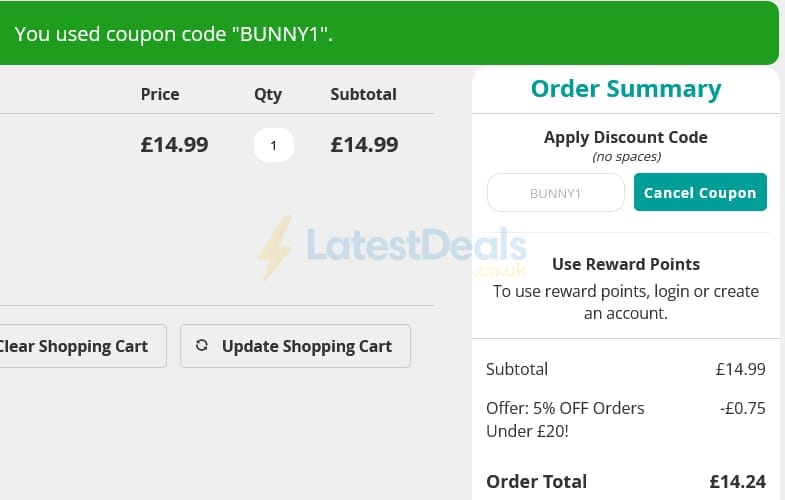 Screenshot of the Love Garden Birds discount code working