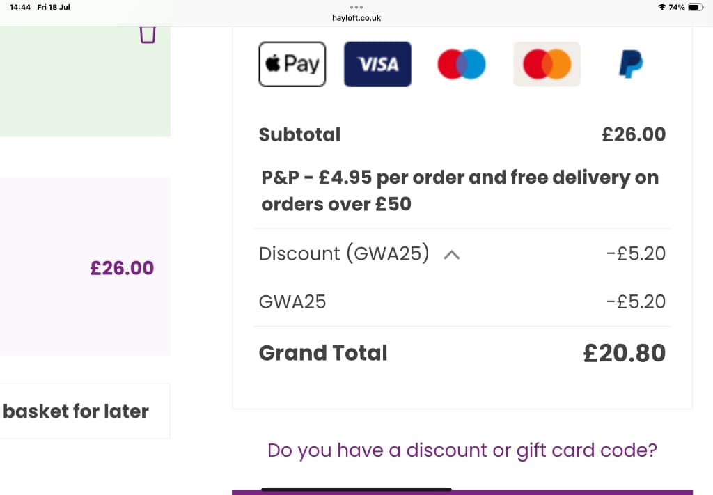 Screenshot of the Hayloft discount code working