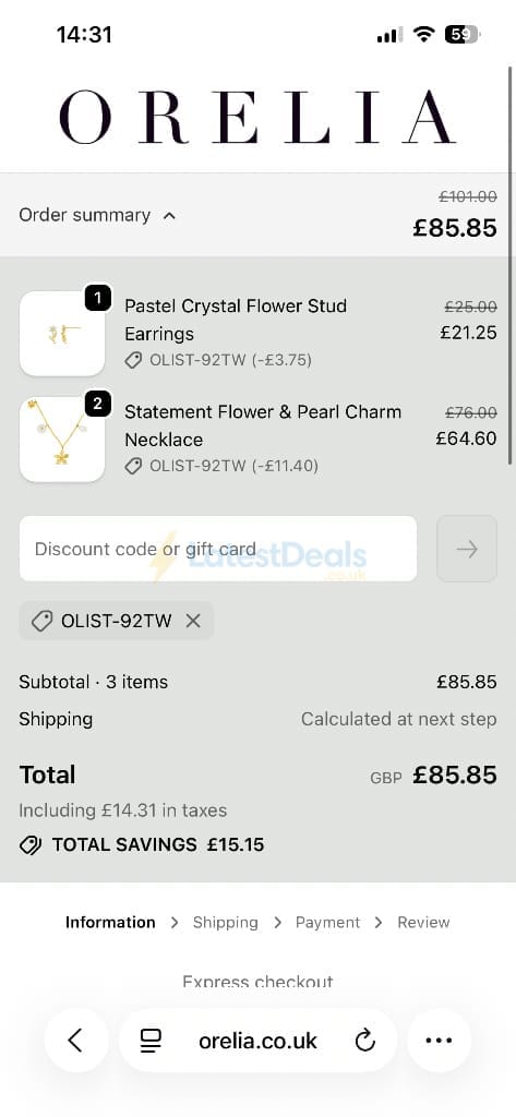 Screenshot of the Orelia discount code working