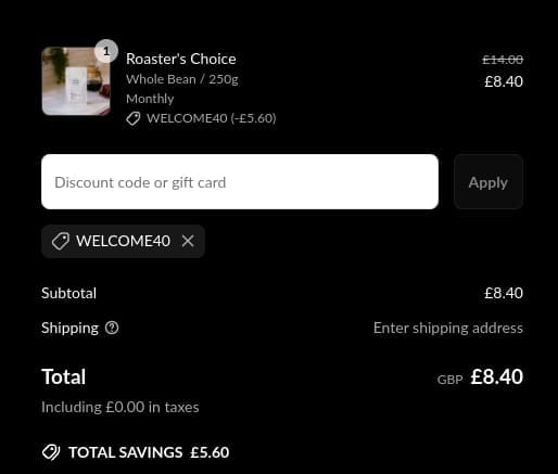 Screenshot of the Rounton Coffee Roasters discount code working