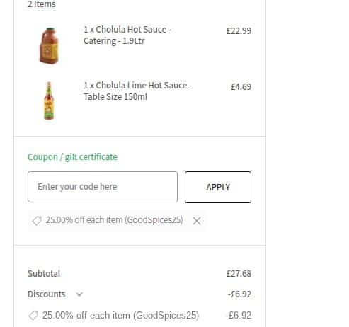Screenshot of the SPICES on the WEB discount code working