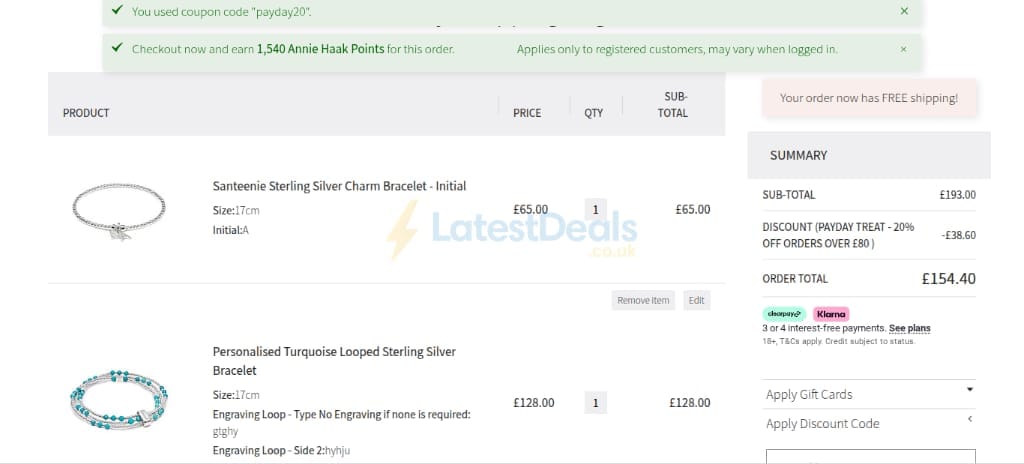 Screenshot of the Annie Haak Designs discount code working