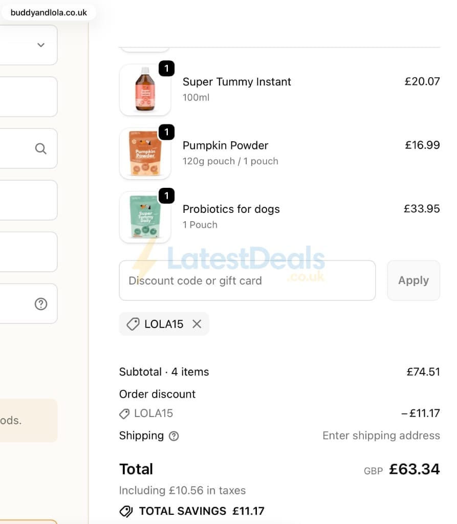 Screenshot of the Buddy & Lola discount code working