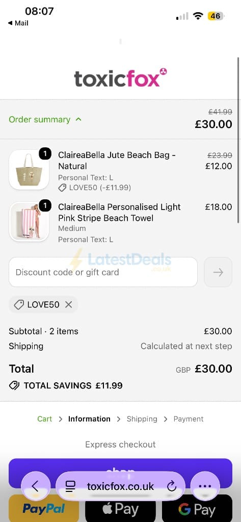 Screenshot of the Toxicfox discount code working