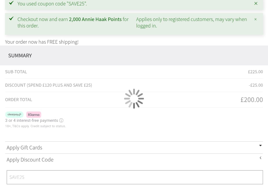 Screenshot of the Annie Haak Designs discount code working