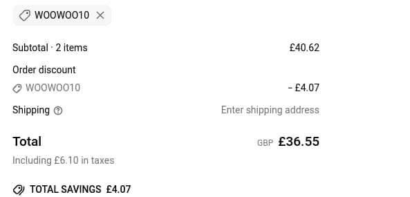 Screenshot of the WooWoo discount code working