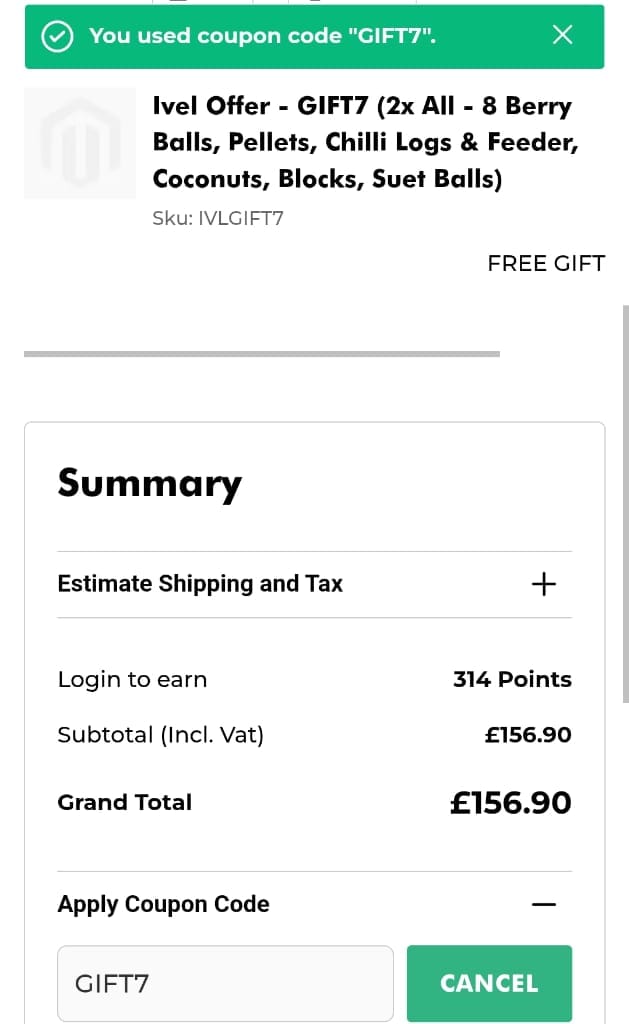 Screenshot of the Ivel Valley Bird Food discount code working
