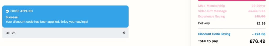 Screenshot of the Virgin Experience Days discount code working