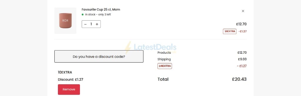 Screenshot of the Royal Design discount code working