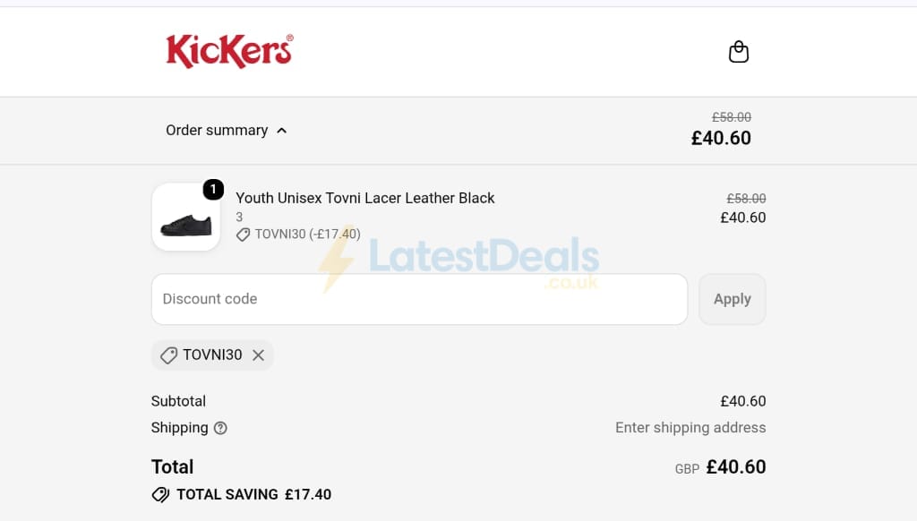 Screenshot of the Kickers discount code working