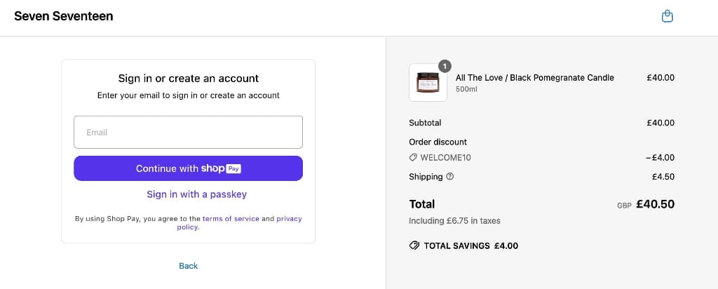 Screenshot of the Seven Seventeen discount code working