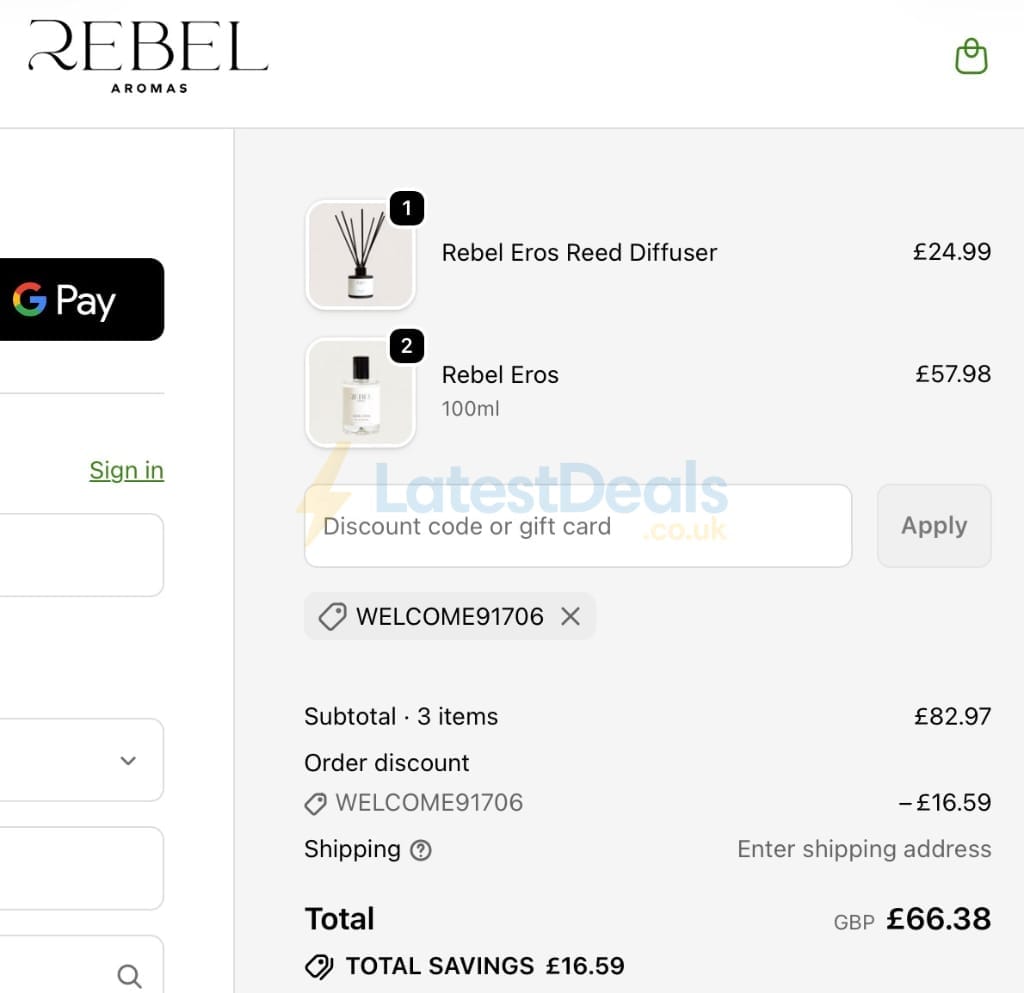 Screenshot of the Rebel Aromas discount code working
