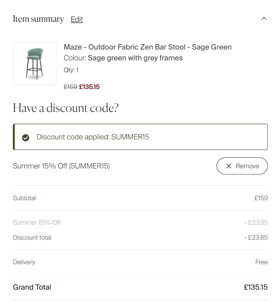 Screenshot of the Maze Living discount code working