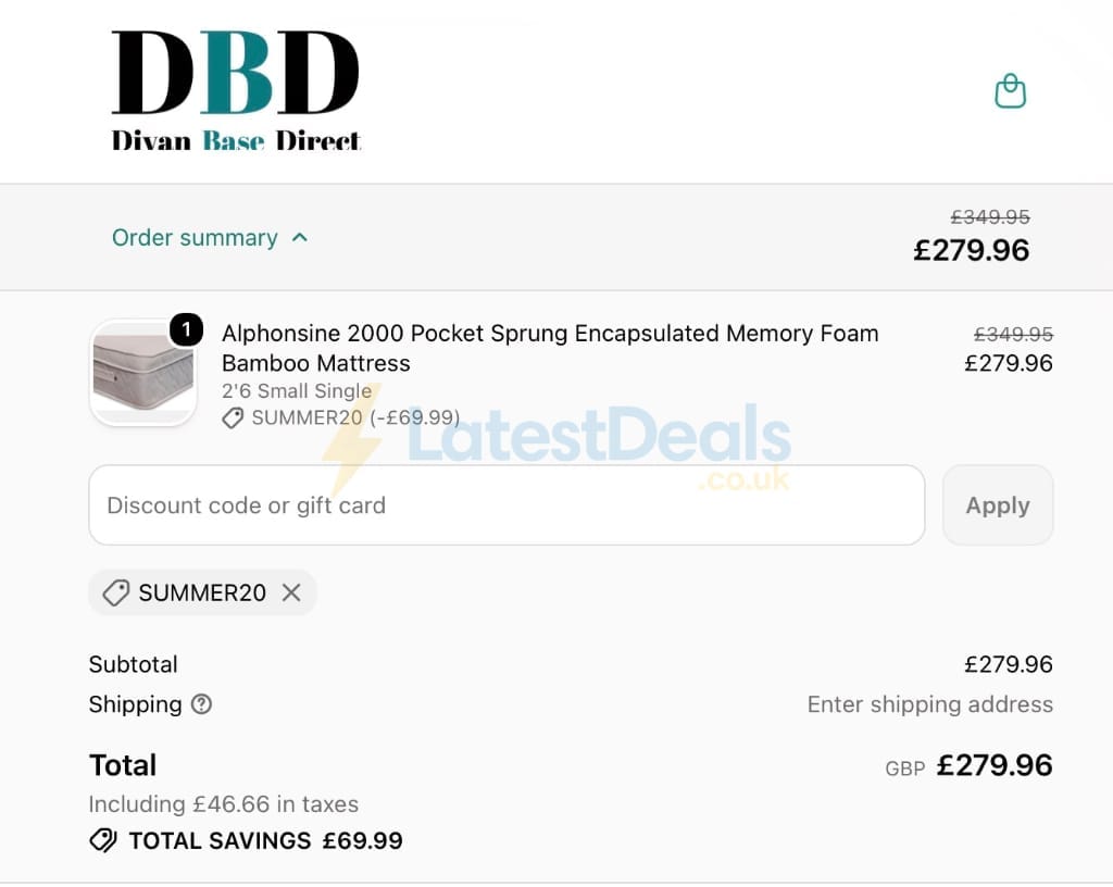 Screenshot of the Divan Base Direct discount code working