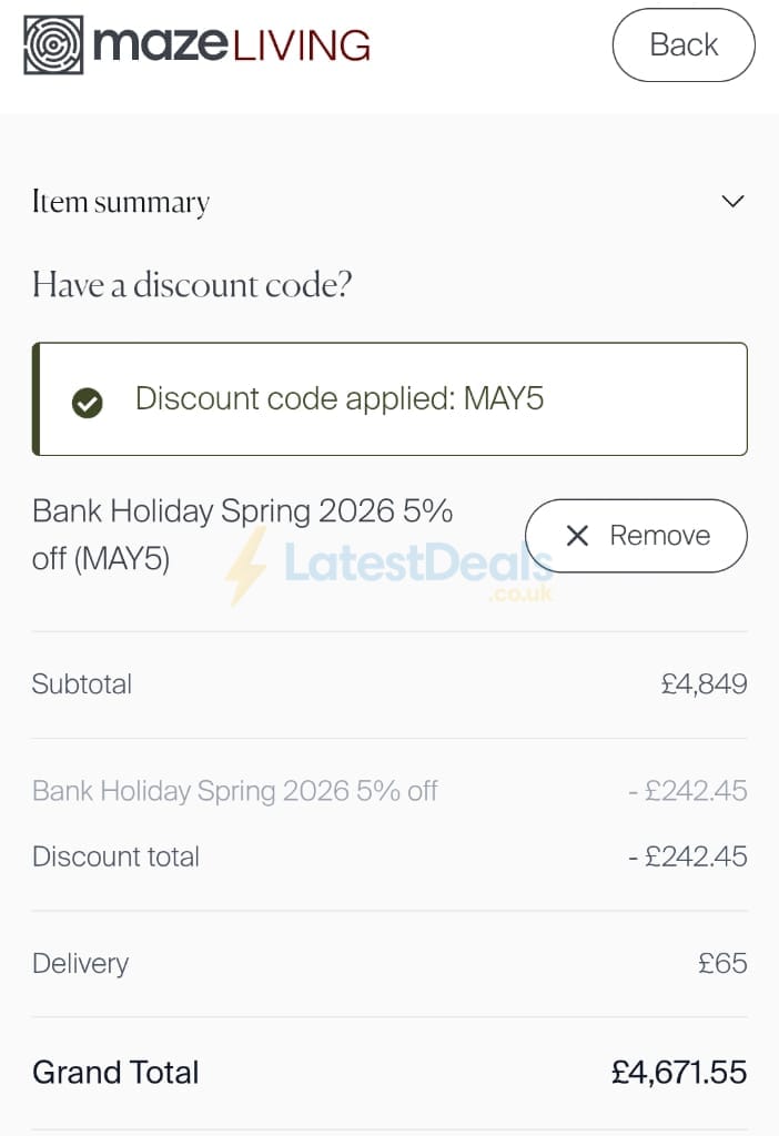 Screenshot of the Maze Living discount code working