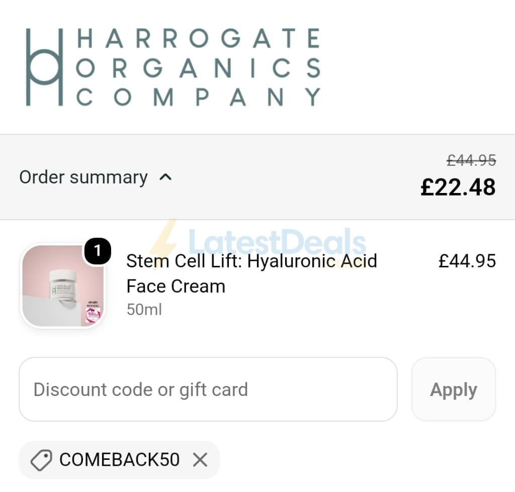 Screenshot of the Harrogate Organics discount code working