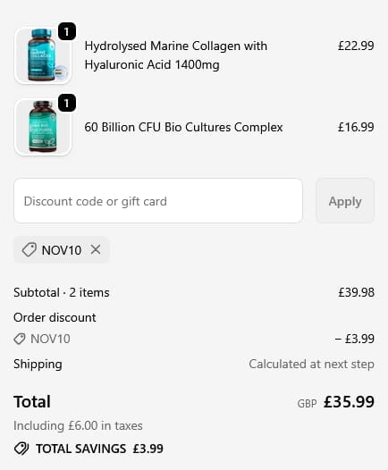 Screenshot of the Nutravita discount code working