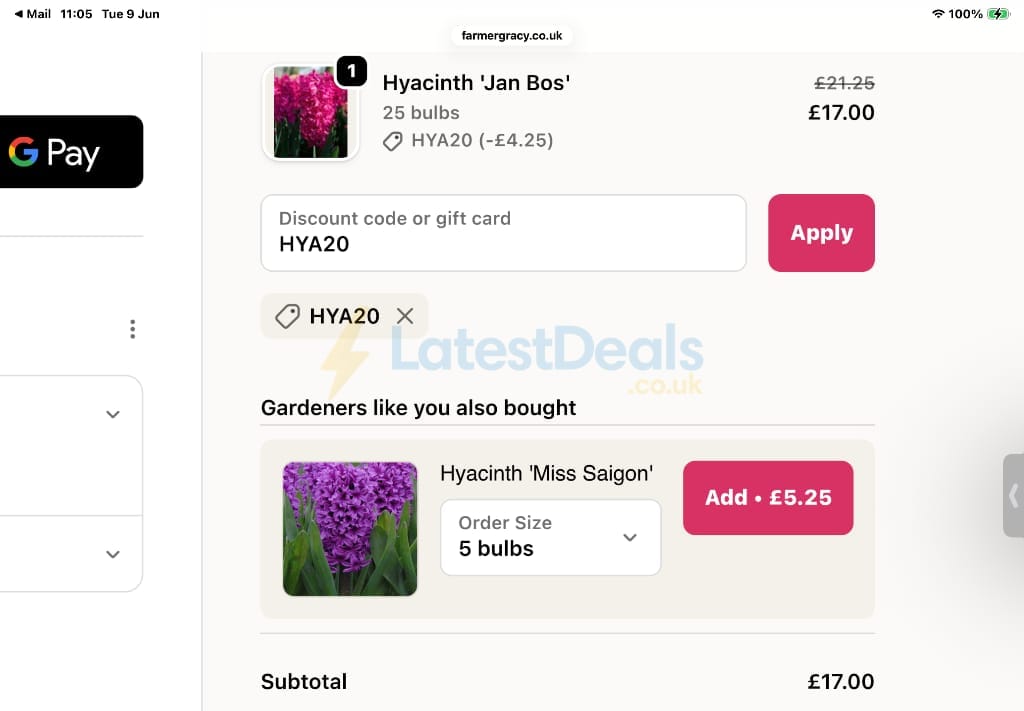 Screenshot of the Farmer Gracy discount code working