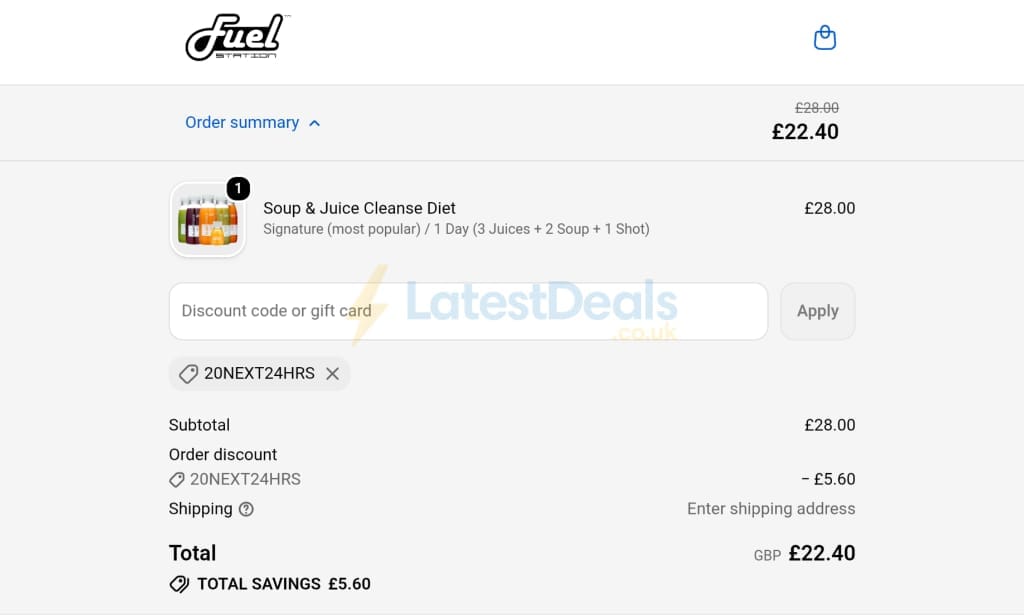 Screenshot of the Fuel Station discount code working