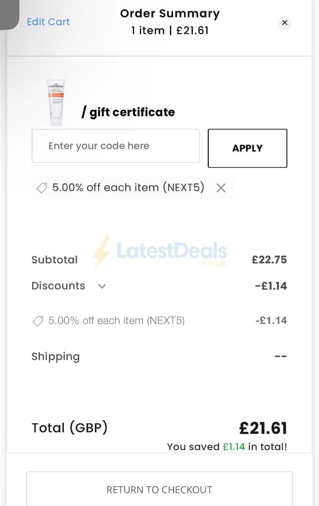 Screenshot of the Look Incredible discount code working