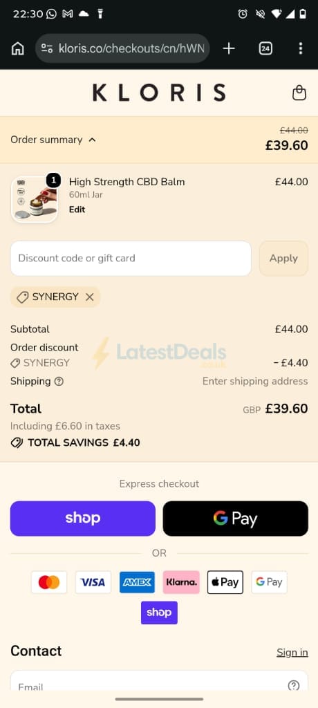 Screenshot of the Kloris discount code working
