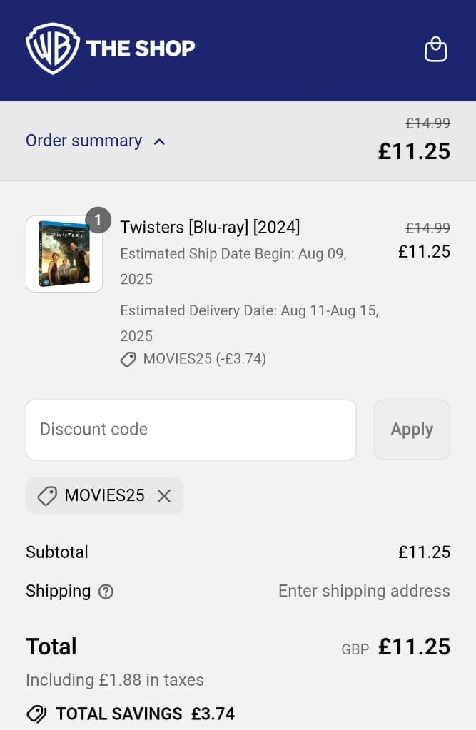 Screenshot of the Warner Bros discount code working