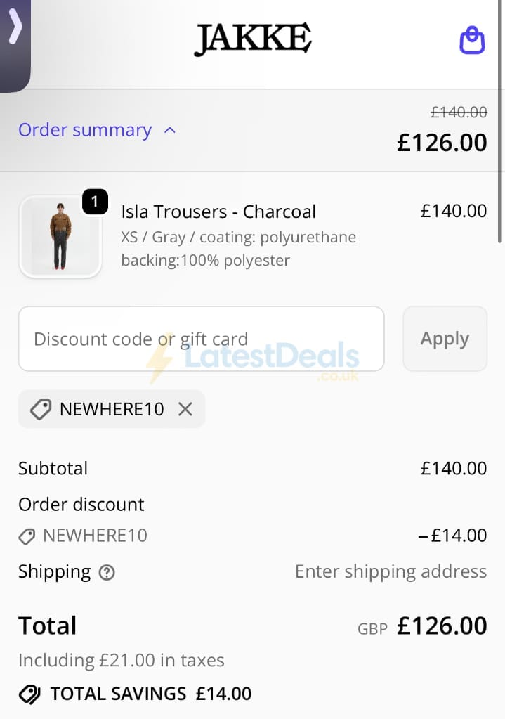 Screenshot of the Jakke discount code working
