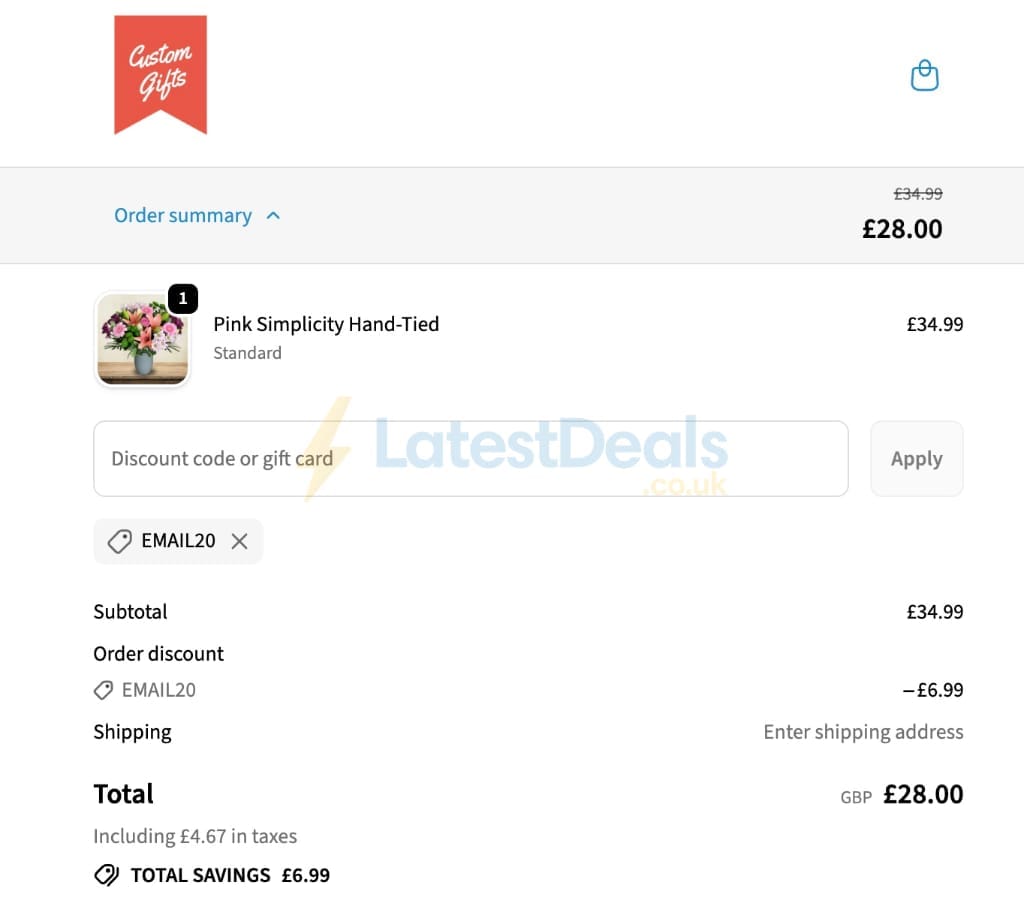 Screenshot of the Custom Gifts discount code working