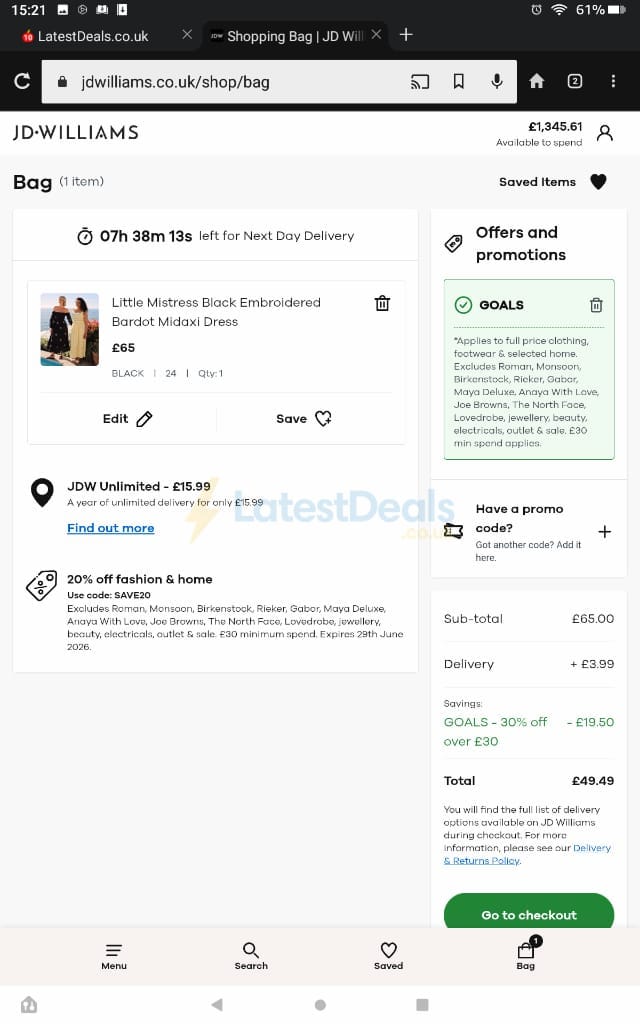 Screenshot of the JD Williams discount code working