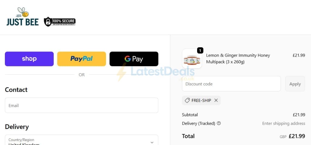 Screenshot of the Just Bee Honey discount code working