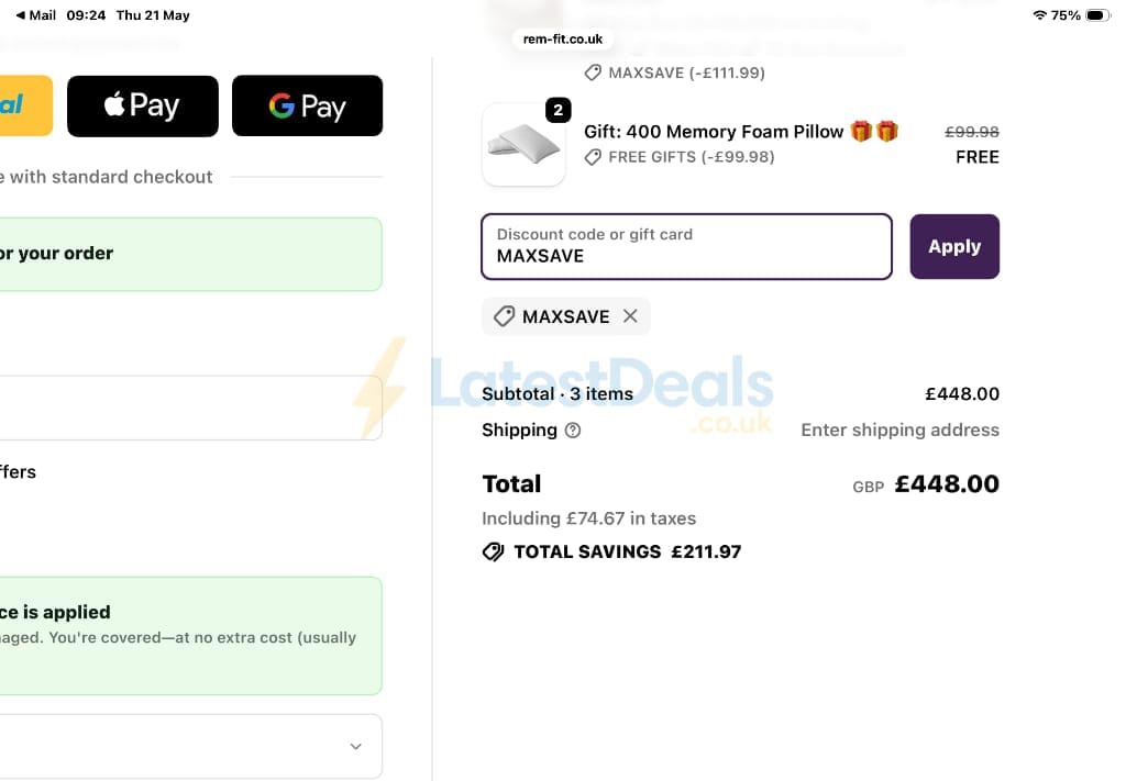Screenshot of the Rem-fit discount code working