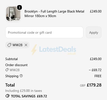 Screenshot of the William Wood Mirrors discount code working