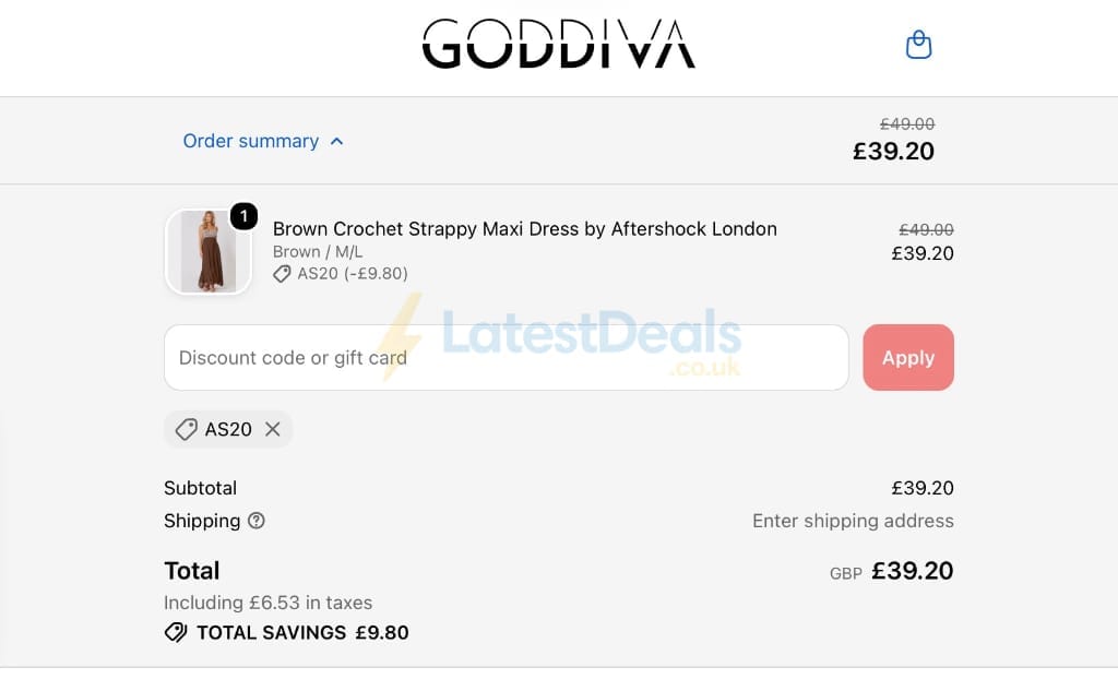 Screenshot of the Goddiva discount code working