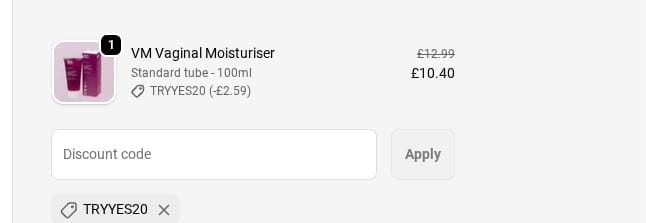 Screenshot of the Yesyesyes discount code working