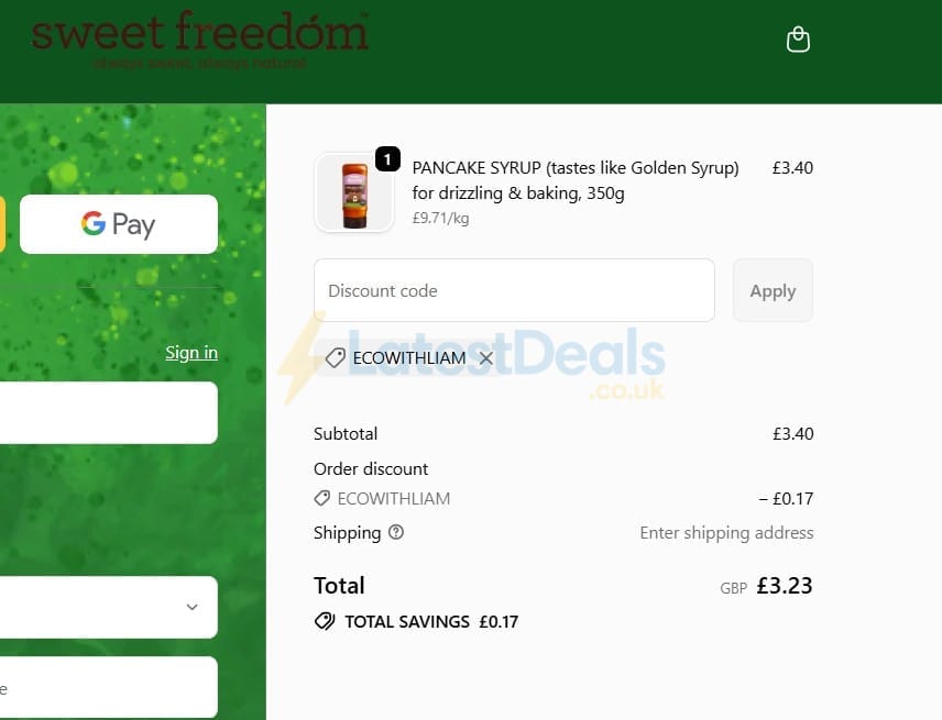 Screenshot of the Sweet Freedom discount code working