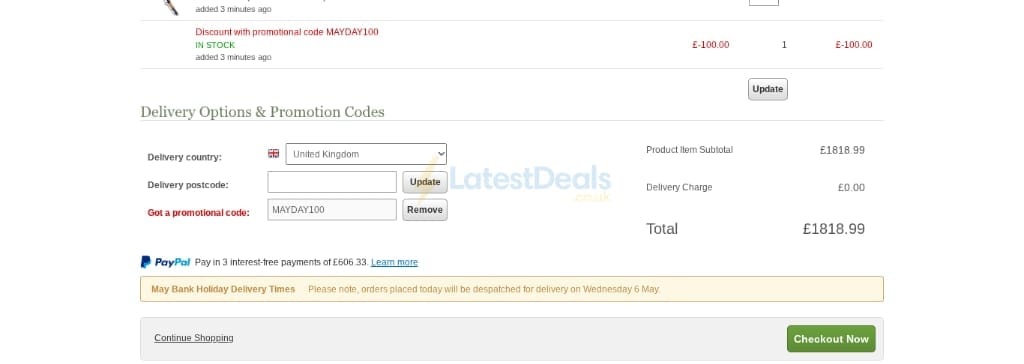 Screenshot of the Uttings discount code working