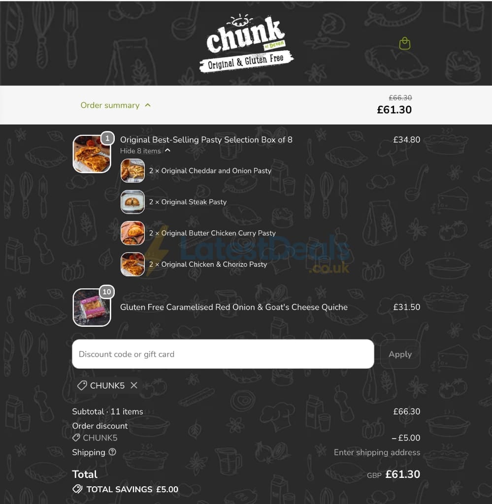 Screenshot of the Chunk Pies & Pasties of Devon discount code working