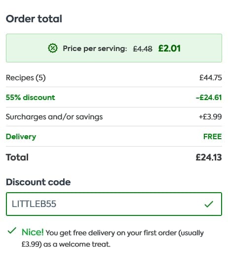 Screenshot of the Gousto discount code working