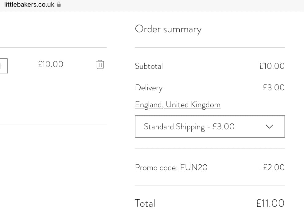 Screenshot of the Little Bakers discount code working