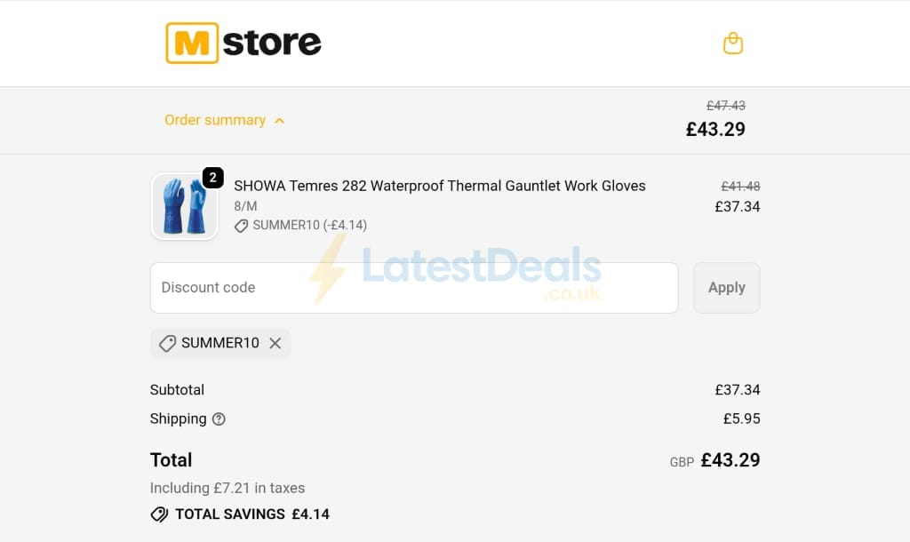 Screenshot of the Mstore discount code working